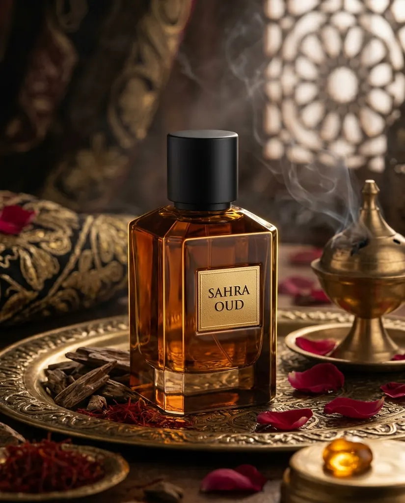 عطر SAHRA OUD على صينية نحاسية منقوشة مع قطع عود وزعفران وبتلات ورد ومبخرة نحاسية يتصاعد منها الدخان