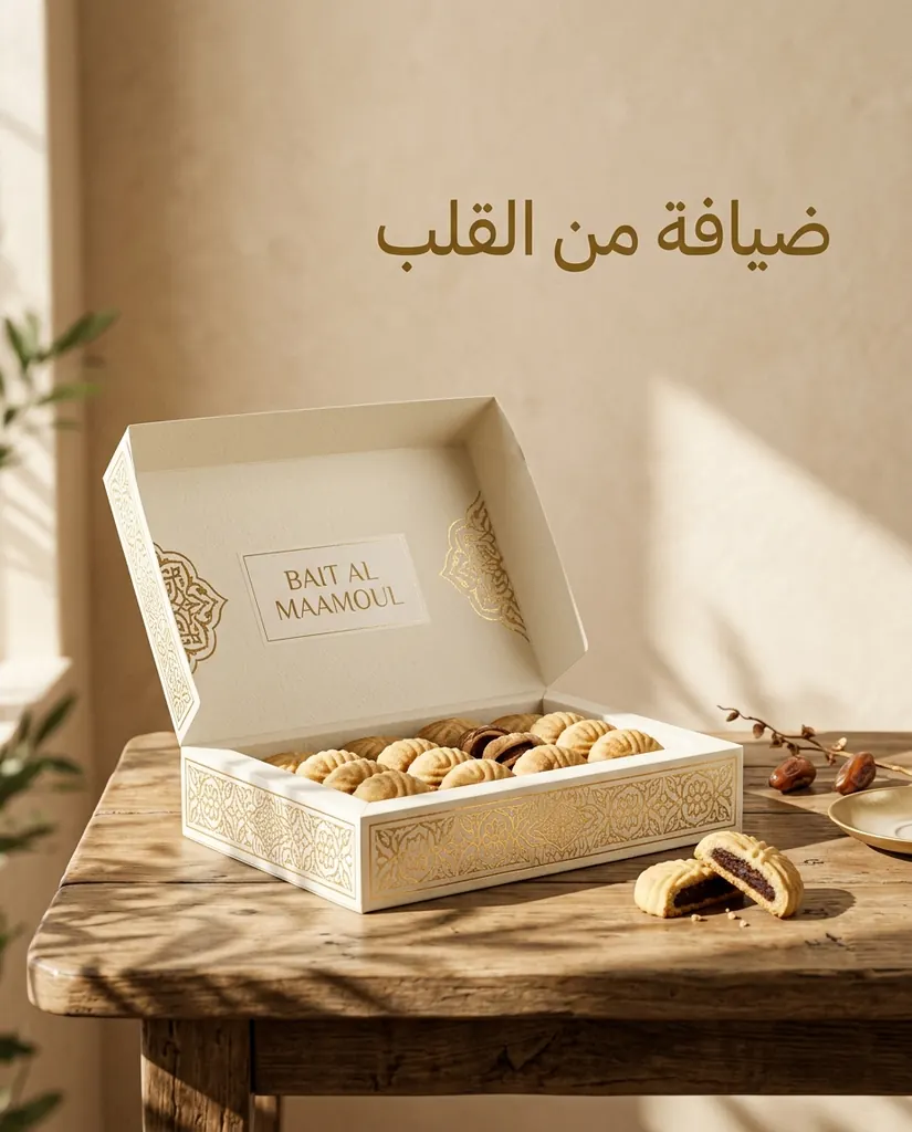علبة BAIT AL MAAMOUL مفتوحة على طاولة خشبية ريفية في ضوء شمس دافئ مع عذق تمر وعنوان عربي عن الضيافة