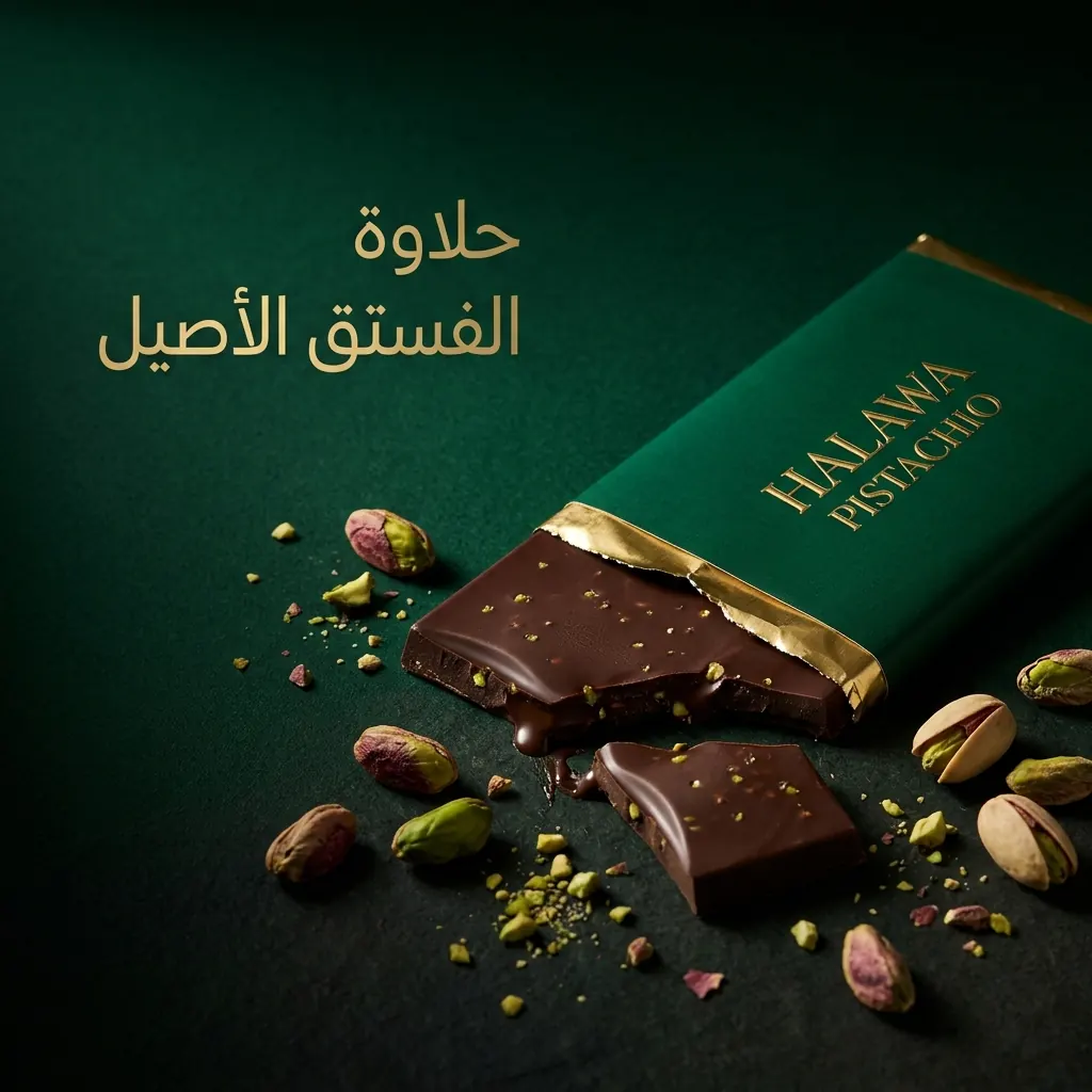 لوح شوكولاتة HALAWA PISTACHIO مكسور بجانب حبات فستق على خلفية خضراء داكنة مع عنوان عربي