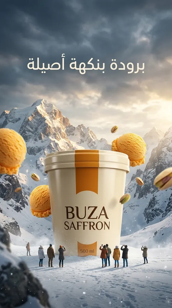 علبة آيس كريم BUZA SAFFRON عملاقة في وادٍ جبلي مثلج تحيط بها كرات آيس كريم وحبات فستق وفوقها عنوان عربي