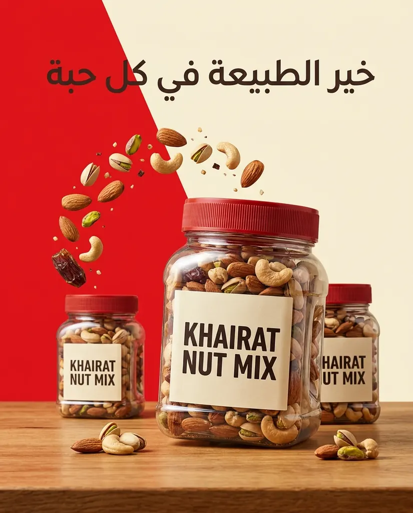علب KHAIRAT NUT MIX على طاولة خشبية مع لوز وكاجو في الهواء وعنوان عربي على خلفية حمراء وكريمية