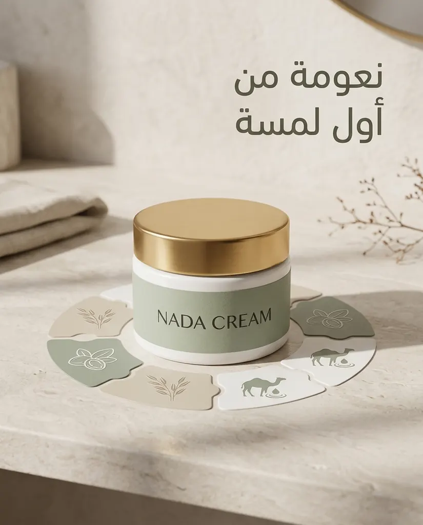 NADA CREAM jar with a gold lid on a stone counter, ringed by ingredient icons, with an Arabic headline about softness