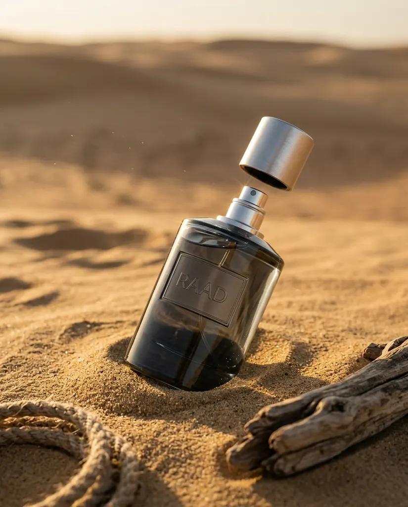 عطر RAAD الرجالي مائل في رمال صحراء ذهبية وغطاؤه يطفو فوقه، وبجانبه حبل وقطعة خشب