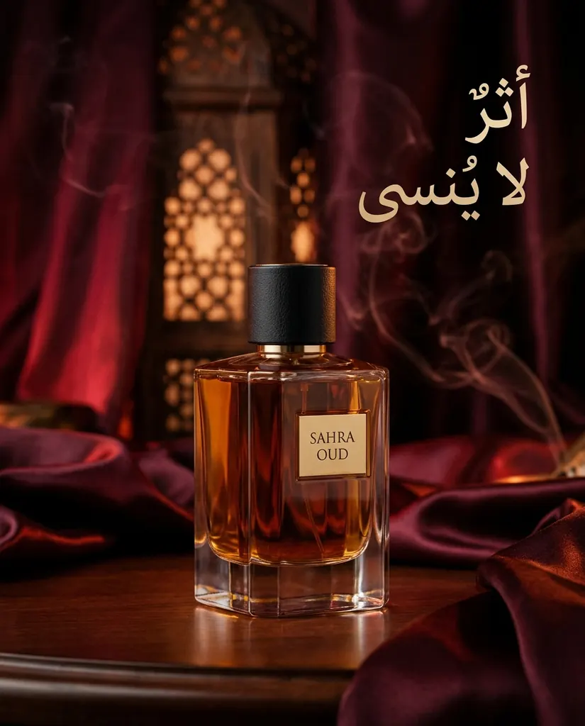 عطر SAHRA OUD على طاولة خشبية داكنة بين أقمشة حرير عنابية ودخان بخور، مع مشربية مضاءة وعنوان عربي