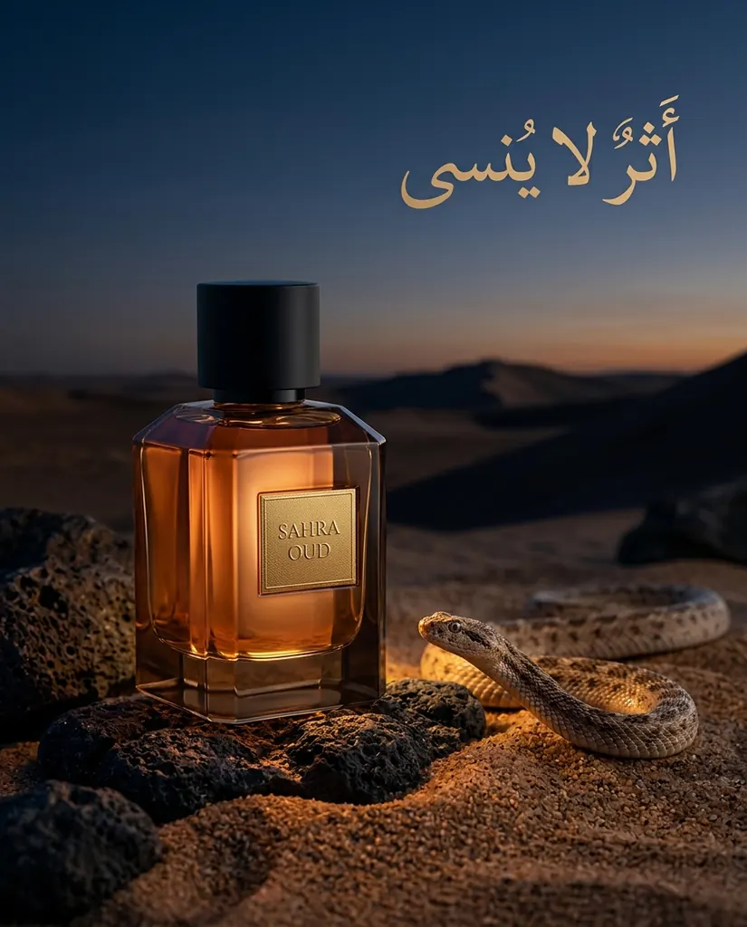 عطر SAHRA OUD يتوهج على أحجار بركانية داكنة في رمال الصحراء عند الغسق بجانب أفعى رملية ملتفة، مع عنوان عربي