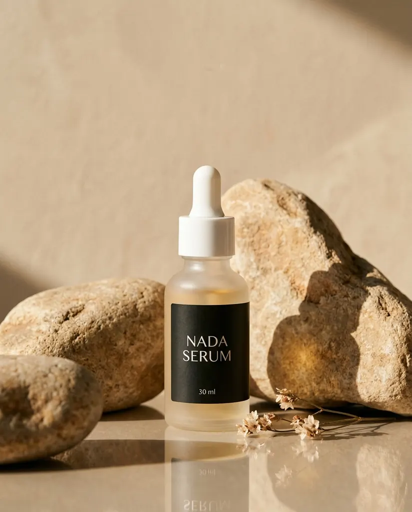NADA SERUM bottle between large sunlit stones with small dried flowers on a beige surface