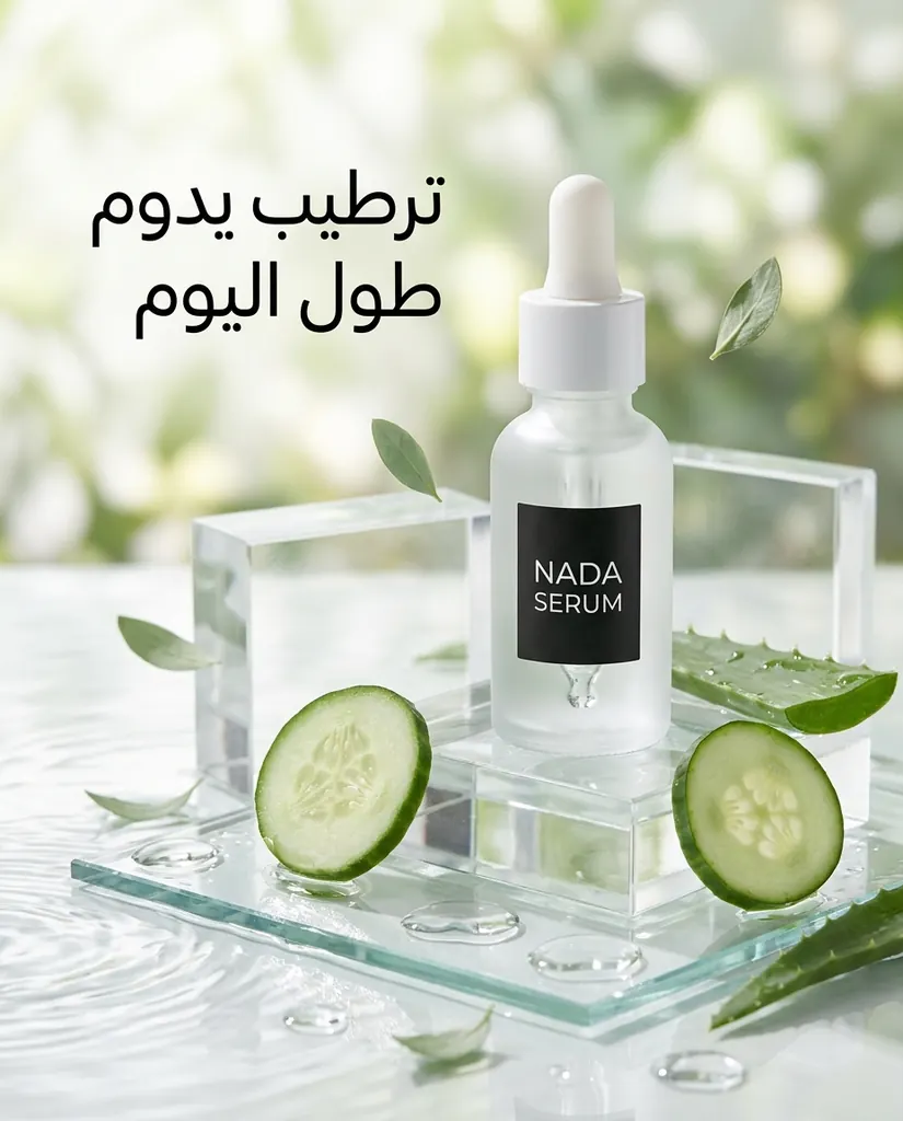 NADA SERUM dropper bottle on clear acrylic blocks over rippled water with cucumber slices and aloe, and an Arabic headline about all-day hydration