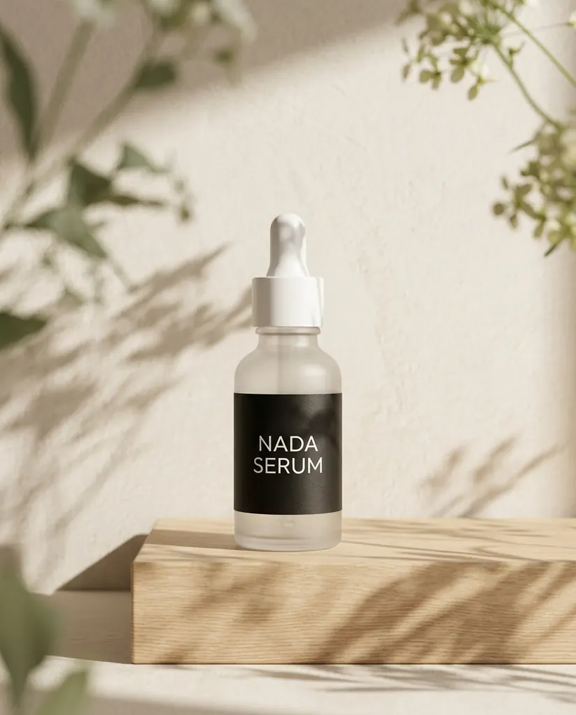 NADA SERUM bottle on a light wood block with sunlit leaf and flower shadows across a warm plaster wall
