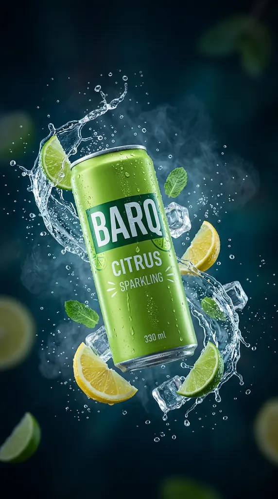 BARQ CITRUS SPARKLING green can floating with lime and lemon slices, mint, ice cubes and a water splash