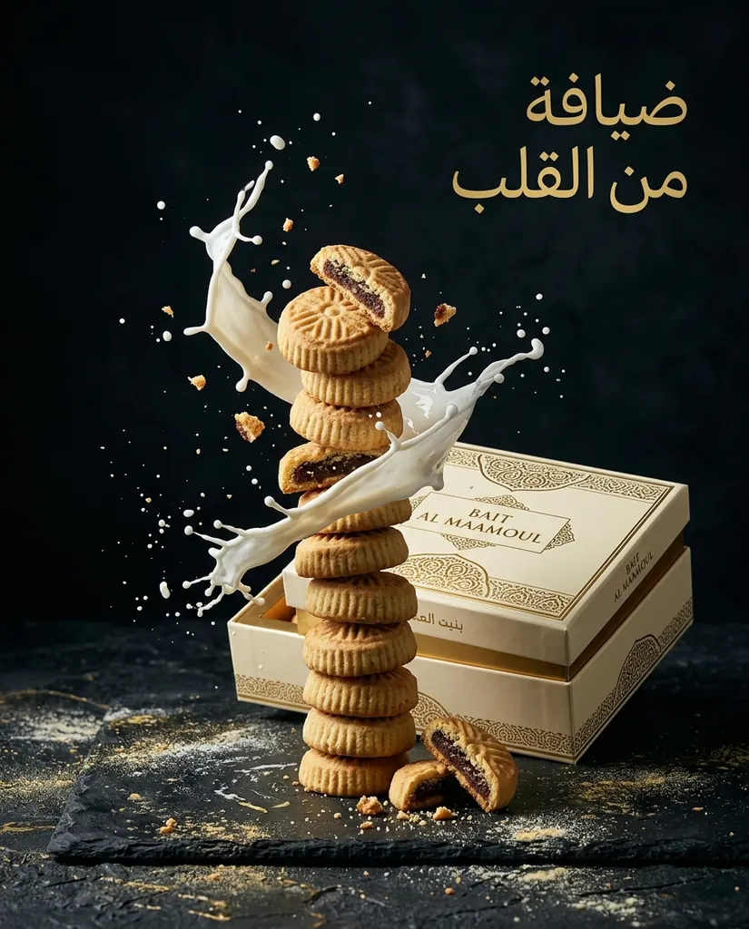 برج طويل من معمول التمر يلفه رذاذ حليب بجانب علبة BAIT AL MAAMOUL على حجر داكن، مع عنوان عربي