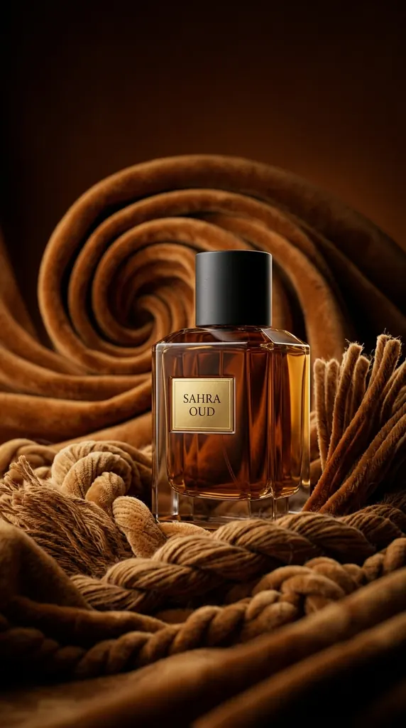 SAHRA OUD perfume among spirals of caramel velvet and twisted rope on a dark brown background