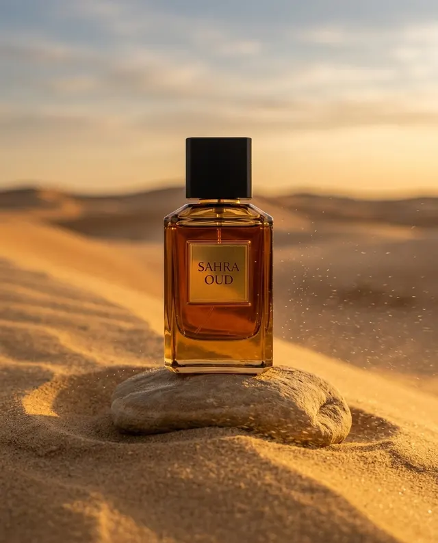 عطر SAHRA OUD على حجر أملس بين كثبان الصحراء وقت الغروب والرمل يتطاير