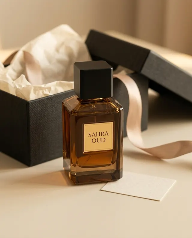 عطر SAHRA OUD أمام علبة هدايا سوداء مفتوحة مع ورق تغليف وشريطة وبطاقة فارغة