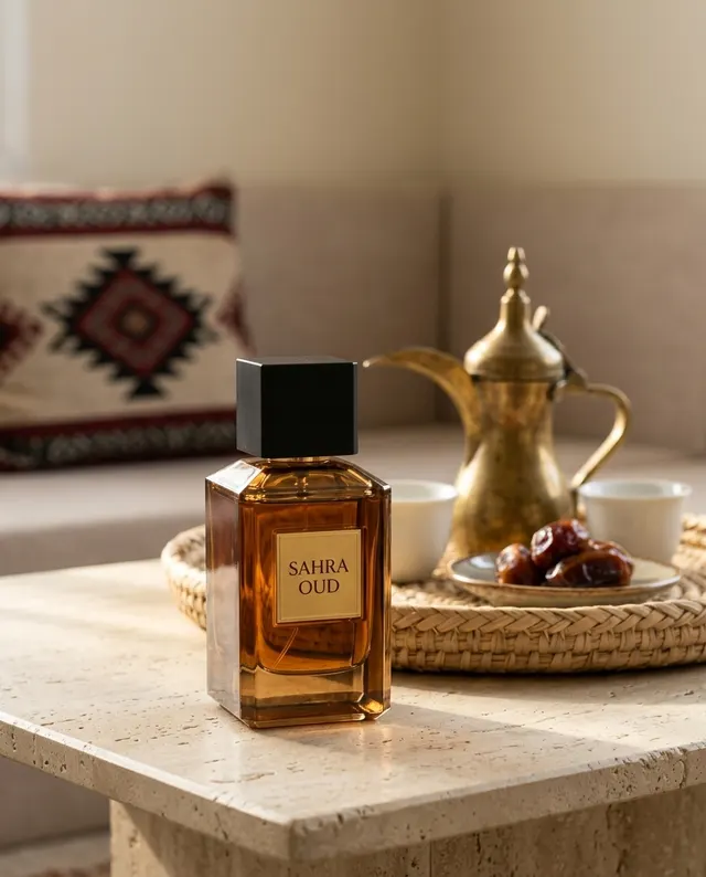 SAHRA OUD perfume on a stone table beside a brass dallah, coffee cups and a plate of dates