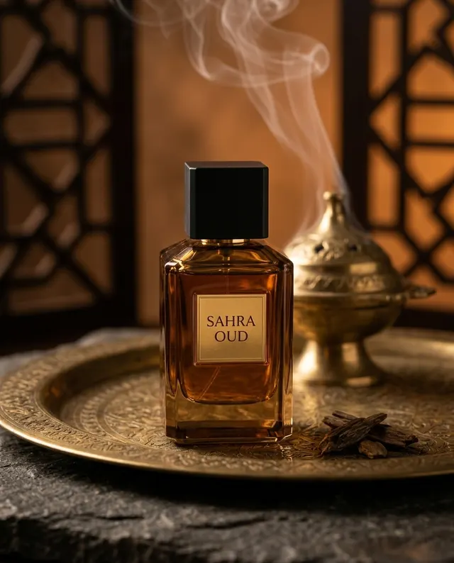 عطر SAHRA OUD على صينية نحاسية منقوشة مع قطع عود ودخان يتصاعد من مبخرة نحاسية