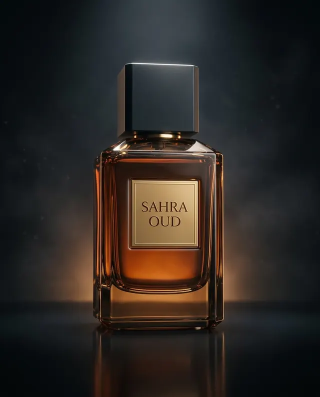 عطر SAHRA OUD بإضاءة خلفية على سطح داكن عاكس