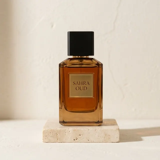 SAHRA OUD perfume bottle standing on a travertine stone block against a warm white wall