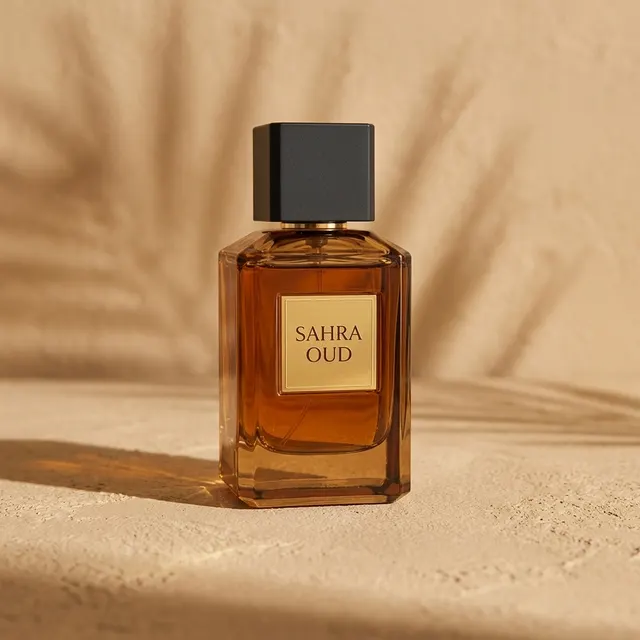 عطر SAHRA OUD على سطح رملي وخلفه ظلال ناعمة لأوراق نخيل